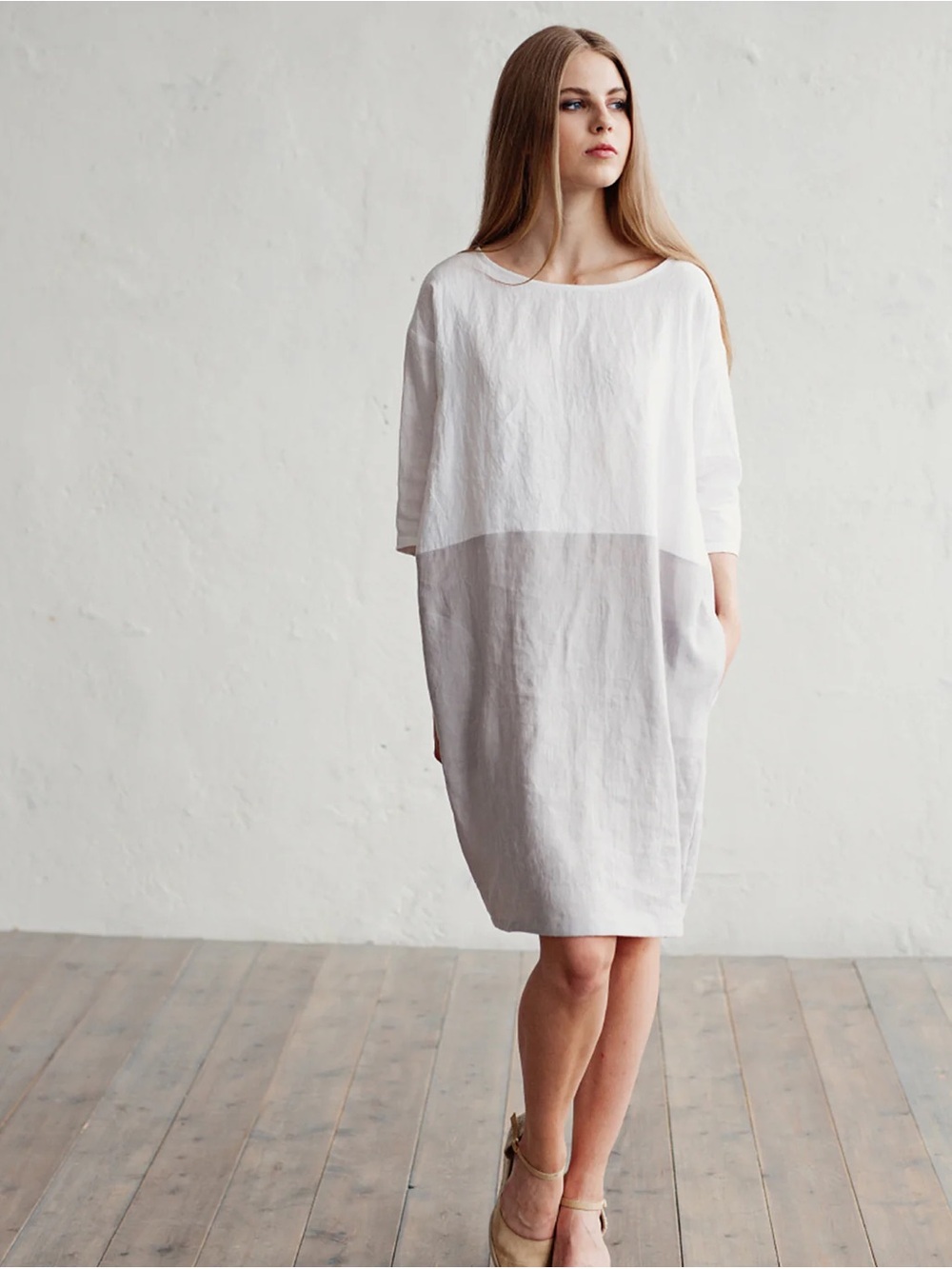 Magic Linen COLOR-BLOCK 100% LINEN DRESS ADRIA IN WHITE-GRAY with Pockets